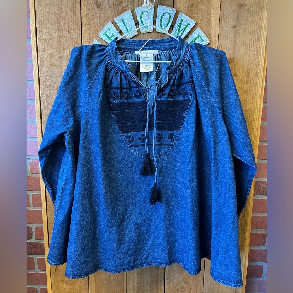 Anthropologie Ne Quittez Pas Hallie Chambray Embroidered Swing Peasant Top